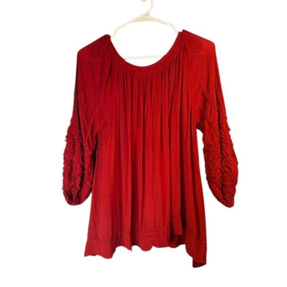 Max Studio Red Scoop Neck 3/4 Long Textured Sleeves Blouse Women Sz S - Picture 2 of 9